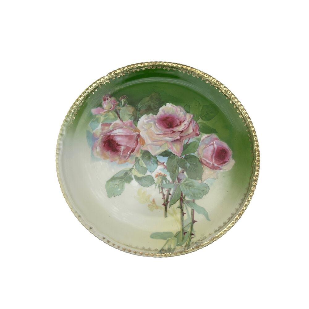Porzellanfabrik Moschendorf Cabinet Plate 12" Charger Green Roses Antique